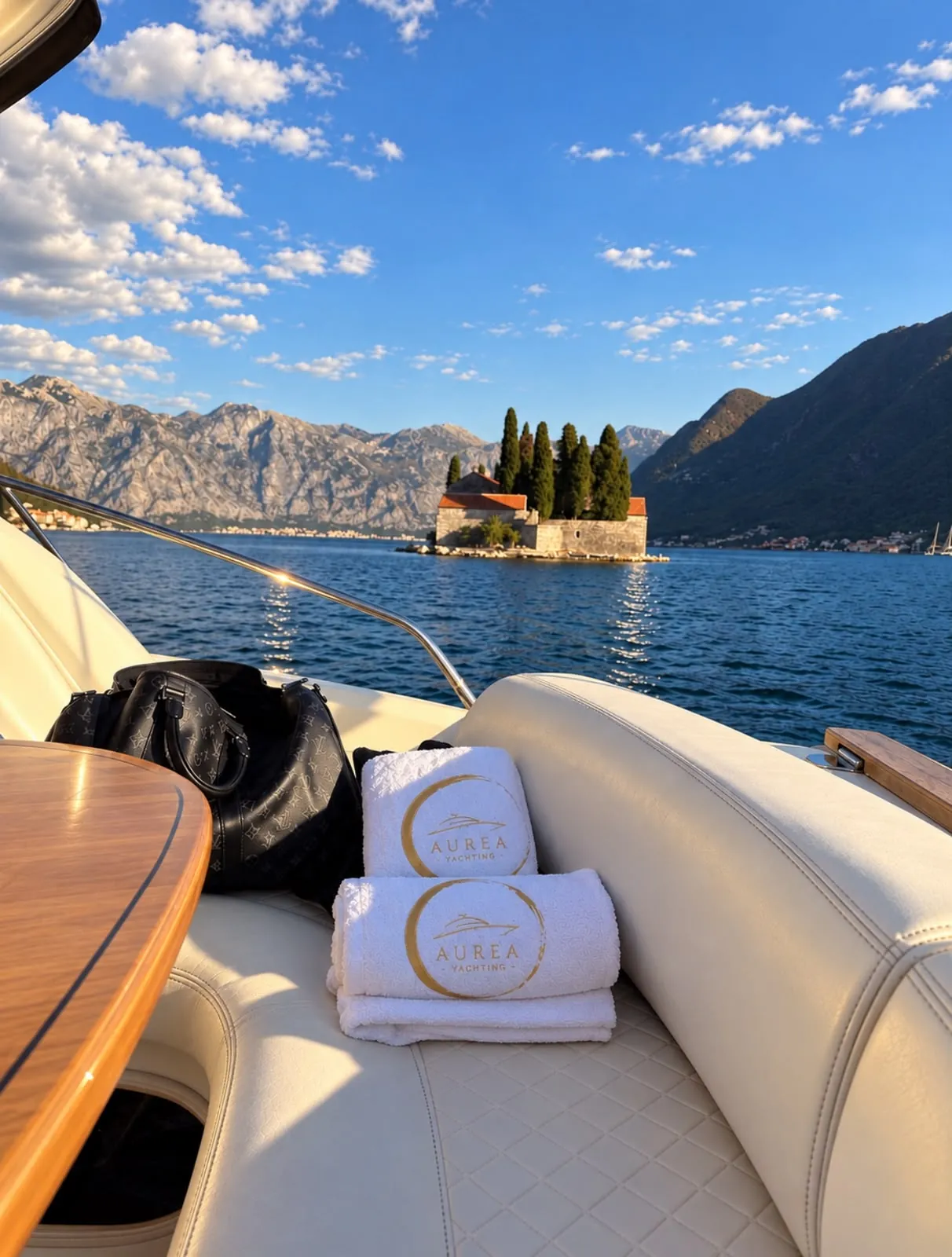 Aurea Yachting towels on board, with the island of St George ahead