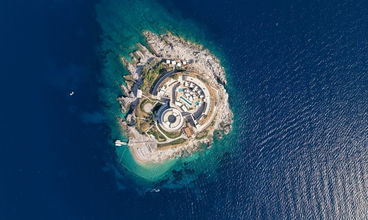 Mamula island from above, the circular fort on bare rock