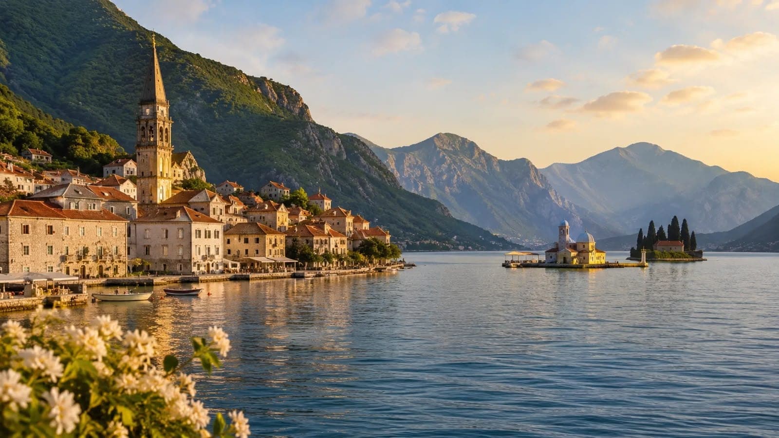 The Perast waterfront at golden hour