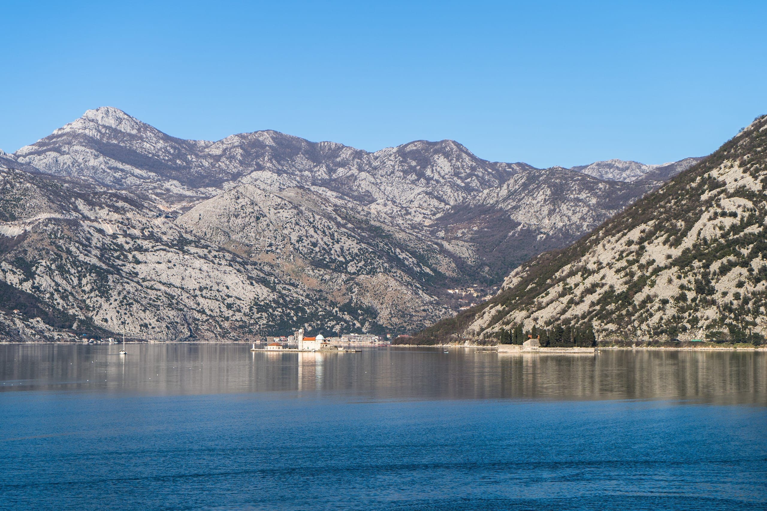 The Bay of Kotor seen from Lepetani, with mountains falling into the sea