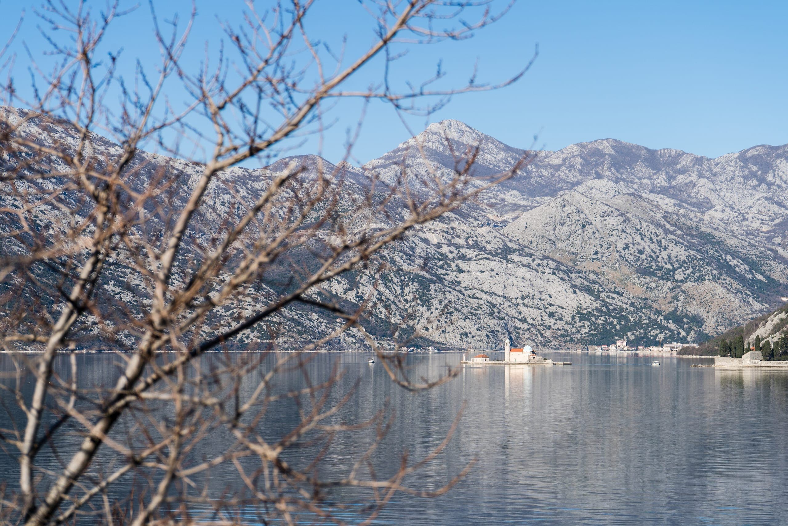 Our Lady of the Rocks in the Bay of Kotor, seen from the water