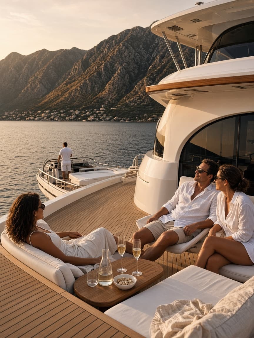 Guests on the aft deck of a motor yacht at golden hour