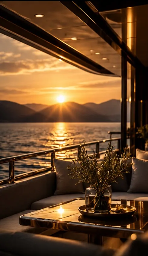 Evening on the aft deck of a motor yacht, the sun setting over the bay