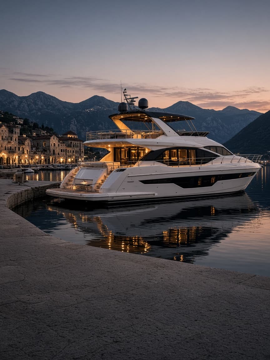 A luxury motor yacht at berth in the evening, cabin lights on