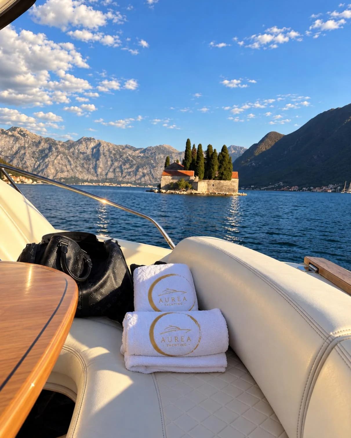 Aurea Yachting towels on board, the island of St George off Perast in the background